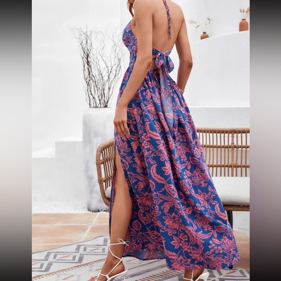 Boho Floral Print Slit Twisted Cut Out Front Tie Back Bow Halter Maxi Dress - Picture 8 of 12